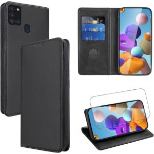 KAL-Coque Cuir Pour Samsung Galaxy A21S 6.5"" Avec 1 Verre Trempé Etui À Rabat En Pu Porte-Cartes Portefeuille Support Flip Housse Magnétique Antichoc Anti-Rayures Case,Noir - Neuf