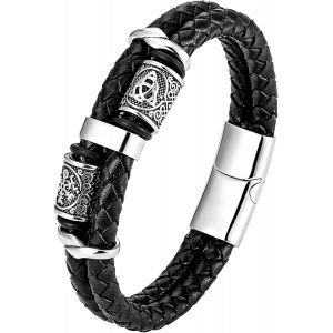 Eryi-Bracelet Homme Cuir, Bracelet Vikings Homme, Croix Chretienne Hommes Bracelets Acier Argent Noir, Bijoux Cadeau Hommes - Neuf