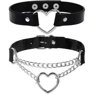 Colliers Coeur 2 Pi&egrave;ces, Colliers En Cuir, Colliers Cha&icirc;ne, Colliers D'amour, Colliers Punk En Forme De Coeur, Colliers Ras De Cou R&eacute;glables - Neuf