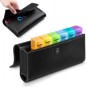 Pilulier Semainier Français 7 Jours 4 Fois Matin Midi Soir Nuit Avec Pu Sac 28 Compartiments Multicolores,Pour Vitamines,Suppléments Et Médicaments Pour Vitamines (Noir) - Neuf