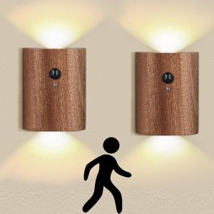 Ulteronixshop-2 Pack Applique Murale Interieur, LED Bois Industrielle Lampe Detecteur de Mouvement Interieur, Appliques Murales 0.4W Luminaire Mural pour Chambre Salon Escalier Couloir - Neuf