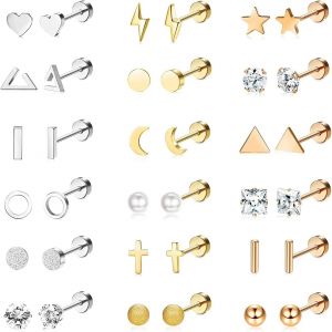Kal-18 Paires Petite Boucles D'oreilles Femme Acier Inoxydable Hypoallerg&eacute;nique Boucle D'oreille Argent Multiples G&eacute;om&eacute;triques Boule Opale Etoile Lune Coeur Perle Fleur Cz Piercing Oreille - Neuf