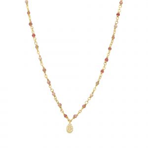 Collier Argent Dor&eacute; Goutte Diamant&eacute; Pierres Naturelles Quartz Rose Fraise - Neuf