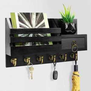 Cmwx-Boîte À Clé Murale En Bois, Porte Clef Maison Noir, Support Courrier Mural Avec 6 Crochets Et Étagère, Armoire Rangement À Clé Décoratif, Pour Entrée Cuisine Couloir Bureau, 30x16.8cm - Neuf