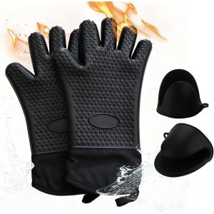 Ulteronixshop-Set de 4 : 2 Gants en Silicone Noirs & 2 Mini maniques r&eacute;sistantes &agrave; la Chaleur &iquest; Gants en Silicone prolong&eacute;s & Supports antid&eacute;rapants pour Barbecue, p&acirc;tisserie, air Fryer, Cuisine - Neuf