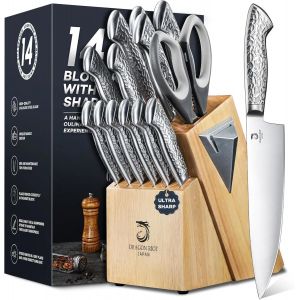 Mevronisshop-Couteau Cuisine, Set De Couteaux De Cuisine Avec Bloc De Couteaux - 14 Pi&egrave;ces Couteau De Cuisine Professionnel Japonais, Bloc Avec Aiguiseur Et Poign&eacute;e Ergonomique, Cadeau Pour Hommes - Neuf