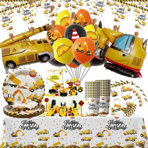 ChicSlick-101Pcs Fournitures De Fête De Construction,Tracteur Vaisselle Set,Inclus Assiette, Nappe, Bannière, Tasse, Serviette, Ballon, Décoration De Gâteau, Fête D'Anniversaire D'Enfant 20 [X2712] - Neuf