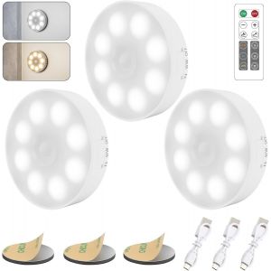 3 Packs Dimmable Lampe Detecteur Mouvement [Avec T&eacute;l&eacute;commande], Veilleuse Led Automatique Rechargeable Par Usb, 3 Temp&eacute;ratures De Couleur, Veilleuse Sans Fil Pour Placard, Armoire, Escalier - Neuf