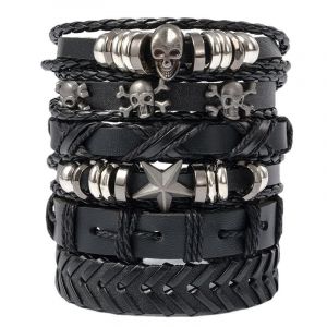 6 Bracelets En Cuir Tressé Noir Pour Hommes, Bracelets Tête De Mort Punk, Bracelets Rock Pour Hommes, Bijoux Punk Réglables, Hommes Et Femmes - Neuf