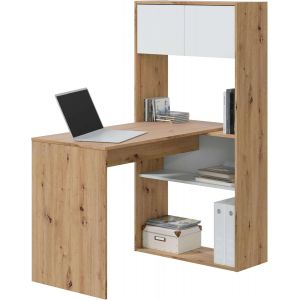 Yemaesre-Table-Étagère Réversible 3 Positions, Bureau, Bibliothèque, Système De Stockage, Modèle Duo, Finition Couleur Chêne Nodi Et Blanc Artik - Neuf