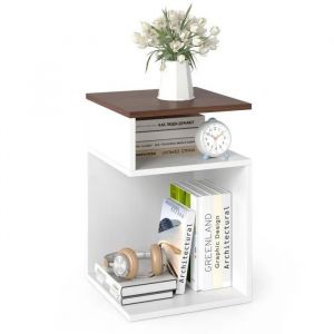 Costway Table De Chevet En Form De `S¿ , Avec 2 Compartiments Ouverts, 33 X 33 X 50 Cm, Pour Salon, Chambre, Bureau, Noyer - Neuf