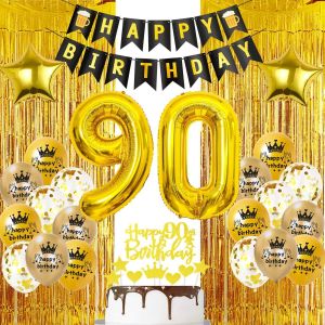 SJZG-Or 90 Ans Rideau Frange Anniversaire, Ballon 90 Ans Anniversaire D&eacute;coration Or, Or 90 Ans Rideaux De F&ecirc;te, Or D&eacute;coration Anniversaire 90 Ans Homme, 90 Ans Anniversaire D&eacute;coration Femme Or - Neuf