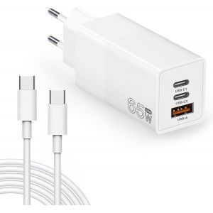65W Usb C Gan Chargeur Rapide 3 Ports Avec C&acirc;ble Usb-C Compatible Avec Iphone 15 Plus Pro Max/14/13/12, Galaxy S23/S22, Mac Book Pro/Air, Ipad Pro, Steam Deck, Pixel,Pixel Et Plus (Blanc) - Neuf