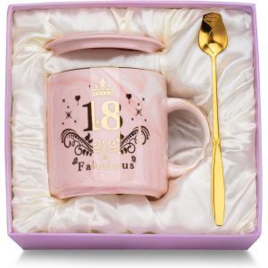Eryi-Cadeau 18 Ans Fille, Anniversaire 18 Ans Fille Cadeau Tasse En Céramique Marbrée Rose, Original Utile Cadeaux Personnalisés 18 Ans Tasse 400ml, Avec Couvercle, Cuillère, Carte De V?ux, Boîte Cad - Neuf