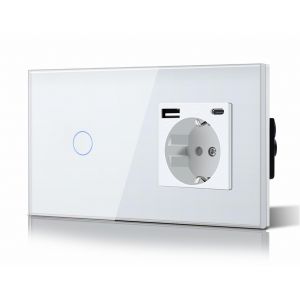 Schuko Interrupteur d'&eacute;clairage,prise,encastr&eacute;,1 compartiments,2 voies,prise 3-en-1,puissance de charge USB 2,1 A,adaptateur de type C,station de charge,rallonge en verre,157 mm,blanc - Neuf
