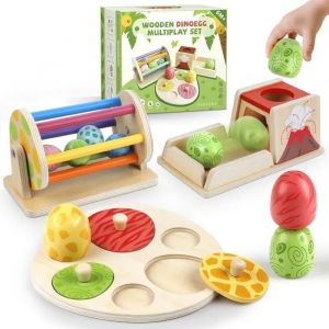 Jouet Montessori Bois B&eacute;b&eacute; 6 Mois+ ?ufs Dinosaure, Tambour Rotatif, Puzzle Empilable, Cadeau &Eacute;veil. - Neuf