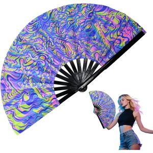 Kalanka-Éventail Bois À Lueur Uv, Ventilateur Tissu Pliable Coloré, Éventail À Main Holographique 33 Cm, Grand Ventilateur Pliable Uv Fluorescent, Pour Festival Soirée Dansante Cosplay Mariage - Neuf
