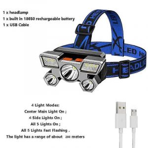 Lampe Frontale Portable &Eacute;tanche &Agrave; Led Avec Chargeur Usb, Id&eacute;ale Pour La P&ecirc;che En Plein Air Ou Le Camping-5 Led - Neuf