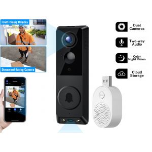 Sonnette vid&eacute;o &agrave; double cam&eacute;ra aliment&eacute;e par batterie avec d&eacute;tection par IA - Neuf