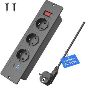 Prise encastr&eacute;e USB C 20W, Bloc multiprise 3 Prises avec c&acirc;ble 2m, pour Meubles ou Plans de Travail (Noir) - Neuf