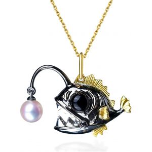 Colliers Hi Pearl Pour Hommes Et Femmes, Collier Unisexe Avec Pendentif Poisson-Pêcheur, Petit Poisson-Lanterne, Collier Ras Du Cou, Leurre En Perles Naturelles D'eau Douce, 45,7 Cm Avec Rallonge - Neuf