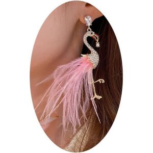 Kal-Boucles D'oreilles Flamant Rose Pour Femmes. Boucles D'oreilles Pendantes À Pompons En Plumes Élégants Oiseaux Cristal Bijoux Mode Cadeaux Pour Femmes - Neuf