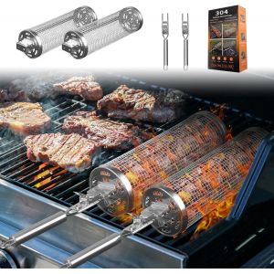 LETNERNY-Lot De 2 Paniers À Griller, Paniers À Rouleaux Avec Poignées, Grille Barbecue En Acier Inoxydable, Accessoires Pour Barbecue Grillades Ouvertes, Crevettes, Viande - Neuf