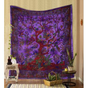 Tapisserie murale Arbre de vie violet, tapisseries psychédéliques, couvre-lit double en coton indien, plaque de pique-nique, décoration murale, art mural de plafond - Neuf