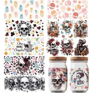 Trahoo-10 Feuille D'autocollants De Transfert Uv Dtf Pour Tasse Autocollants &Agrave; Frotter Th&egrave;me Horreur Cr&acirc;ne Fleur D&eacute;coration De Transfert De Tasse Pour Bouteilles De Bricolage Boisson Confiture - Neuf