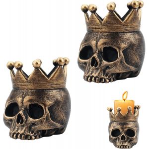 Kalanka-Bougeoir Crâne, 2 Pièces Bougeoir Tete De Mort, Noir Résine Halloween Bougeoir, Pour La Décoration D'halloween Dans Le Salon, La Chambre À Coucher, La Cuisine, L'extérieur (Bronze) - Neuf