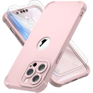 Maa-Coque Pour Iphone 13 Pro Max + 2 Pièces Verre Trempé Protection Écran, 2 En 1 Antichoc Souple Tpu Arrière Rigide Pc Avant Housse De Protection Pour Iphone 13 Pro Max Case 6,7"" Rose Clair - Neuf