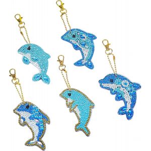 Ayuhr-5 Pièces 5d Diy Dauphin Diamant Peinture Portes-Clés, Strass Bricolage Double-Face 5d Diamond Pasted Painting Complet Keychain Pendentif Pour Sac À Dos Sac À Main Décoration - Neuf