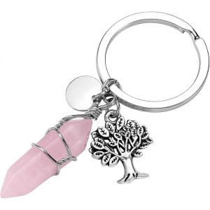 Nouveau,Adapt&eacute; Quartz Rose Hexagonal Gemstone Fil Enroul&eacute; Cristal Gu&eacute;rison Point Chakra Pendentif Porte-Cl&eacute;s Arbre D'argent - Neuf