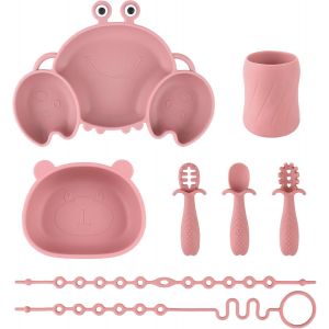 Kal-Set Vaisselle Pour Bébé Silicone Avec Ventouse, 8 Pièces, Set Repas Pour Enfants, Inclus Anti-Dérapant Assiette, Bol, Une Tasse, 3 Cuillères Et 2 Sangles De Sécurité, Sans Bpa (Rose) - Neuf