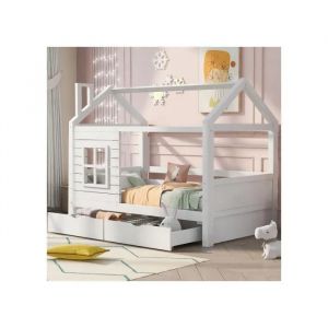 Lit junior 90*200 Multifonctionnel en bois massif avec fen&ecirc;tre anti-chute et sommier &agrave; lattes, blanc - Neuf