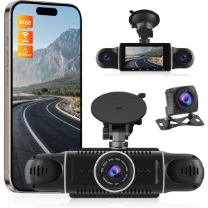 Channel Dash Cam - 360°Rotation Avant arrière intérieur Gauche Droite 3 Pouces Auto Dashcam - Support Loop Recording G-Senseor Parking Monirot WiFi + Carte 64GB Gratuite - Neuf