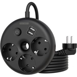 Multiprise Electrique, Bagel Shape Bloc Multiprise 3 Prises avec 2 Ports USB de Recharge avec Cordon de 3m, Protection Contre Les Surcharges, Protection pour Les Enfants, Interrupteur, Noir - Neuf