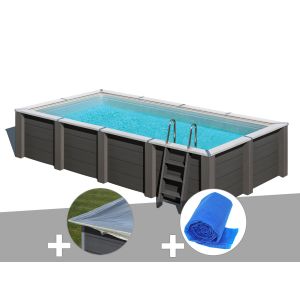 Kit piscine composite Gr&eacute; Avant-Garde carr&eacute;e 5,95 x 3,15 x 1,26 m + B&acirc;che hiver + B&acirc;che &agrave; bulles - Neuf
