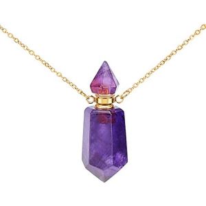 Collier Pendentif Flacon De Parfum Diffuseur D'huiles Essentielles En Pierre D'am&eacute;thyste Naturelle De 49 Cm (19,29 Pouces) Avec Cha&icirc;ne Dor&eacute;e Pour Femme. - Neuf
