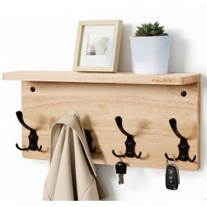 Ulteronixshop-Porte-manteau mural avec 4 crochets triples, &eacute;tag&egrave;re murale en bois massif de ch&ecirc;ne, porte-manteau en bois pour couloir, chambre, salon, salle de bain, cuisine, design moderne - Neuf