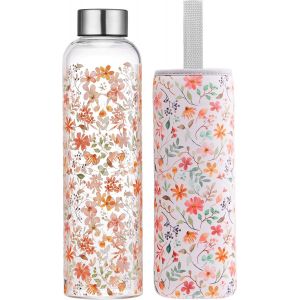 Gourde En Verre 1 Litre Avec Housse En Néoprène-Bouteille D'eau Artistique En Borosilicate,Étanche, ,Sans Bpa.[B774] - Neuf