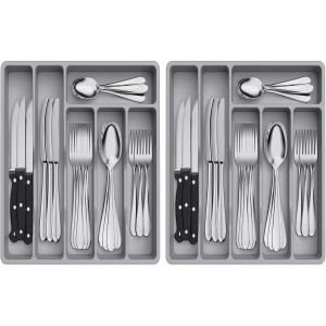Sjzg-Range Couverts Pour Tiroir, Pack De 2, Organisateur Couverts Tiroir Cuisine Rangement Ustensiles Bac De Rangement Couvert Pour Cuill&egrave;res Fourchettes Couteaux, 6 Compartiments, Gris - Neuf