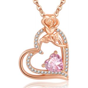Collier Femme Argent 925 Collier Or Rose Coeur Fleur Pierre De Naissance Pendentif Bijoux Femme Idee Cadeau Anniversaire Fete Des Meres Noel Saint Valentin Cadeau Maman Fille Amie - Neuf