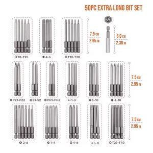 Jeu d&rsquo;embouts de tournevis extra longs 75 mm &ndash; 50 pi&egrave;ces s&eacute;curit&eacute; et pr&eacute;cision - Neuf