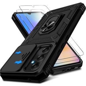 Kal-Coque Pour Samsung Galaxy A05s Avec 2 Verre Trempé, Couvercle De L'appareil Photo Coulissant, 360° Anneau Support Antichoc Protection Militaire Housse Etui Pour Samsung Galaxy A05s Téléphone (Noi - Neuf