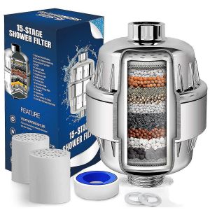 Filtre de douche &agrave; 20 &eacute;tapes avec vitamine CE pour eau dure - Filtre &agrave; eau de douche haute performance &eacute;liminant le chlore et le fluorure - 2 cartouches incluses - Compatible avec tous les appareils - Neuf
