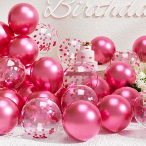 Lot De 47 Ballons À L'Hélium En Latex À L'Hélium Chromé Et Confettis Pour Décoration De Fête D'Anniversaire, Remise De Diplôme, Anniversaire De Mariage - Rose Vif Métallisé - Neuf