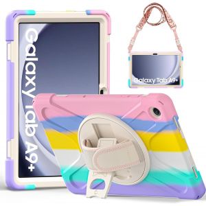 Coque Antichoc Pour Samsung Galaxy Tab A9 Plus 11"" 2023 (Sm-X210/X216/X218), &Eacute;tui Armure Robuste Avec Support Rotatif, Dragonne Et Bandouli&egrave;re R&eacute;glable, Housse Pour Tab A9+ Plus, Rose Color&eacute; - Neuf