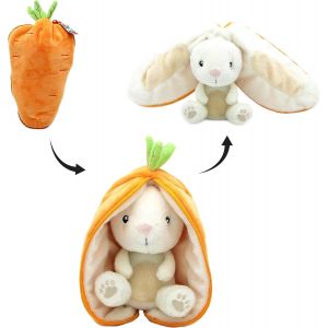 Les D&Eacute;GLINGOS Doudou Gadget Le Lapin/Carotte - Lapin Cache-Cache r&eacute;versible - Peluche Toute Douce pour b&eacute;b&eacute; - Id&eacute;es Cadeaux de Naissance, Orange et Blanc - Neuf