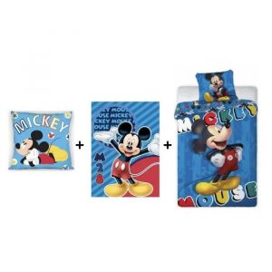 Parure De Couette - Disney - Mickey - 140 X 200 Cm - Coussin 35 X 35 Cm - Plaid 100 X 140 Cm - Neuf